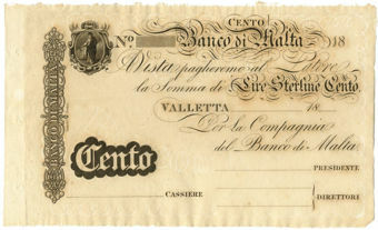 Picture of Malta, rare 100 Lire Sterline note, 1820-1840. Crisp UNC (PS165)