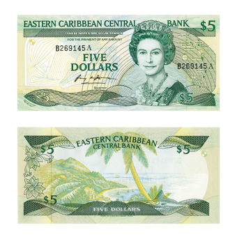Picture of Antigua 5 dollars, 1988-1993. (P22a1) Crisp UNC