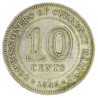 Picture of Malaya, George VI, Silver 10 Cents, 1945. Ext Fine