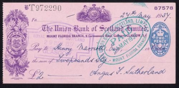 Picture of Union Bank of Scotland Ltd., Glasgow, Mount Florida Branch, 19(36)