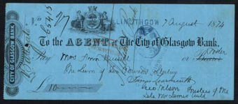 Picture of Agent of the City of Glasgow, Linlithgow, stamped on branch line, 18(74)