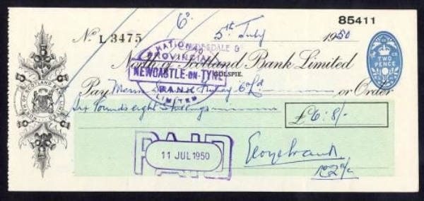 Picture of Clydesdale & North of Scotland Bank Ltd, ovptd on N. of Scotland Bank Ltd., Golspie, 19(50)