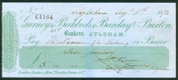 Picture of Gurneys, Birkbecks, Barclay & Buxton, Aylesham, 18(74), Norwich & Norfolk Bank, Type 1a