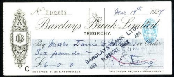 Picture of Barclays Bank Ltd., Treorchy, 192[7], OTG113.1b but blue