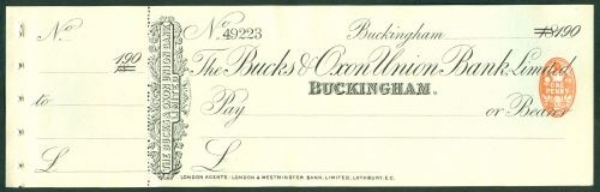 Picture of Bucks & Oxon Union Bank, Ltd., Buckingham, 18-- overprinted 190(0)