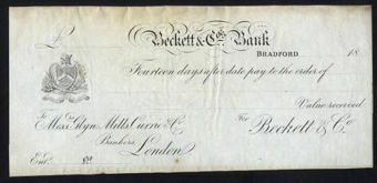 Picture of Beckett & Co.'s Bank, Bradford, 18--, to Messrs. Glyn, Mills, Currie & Co.