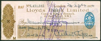 Picture of Lloyds Bank Ltd., Cox & King's Branch, London, 192(4), RAF account, type 14e