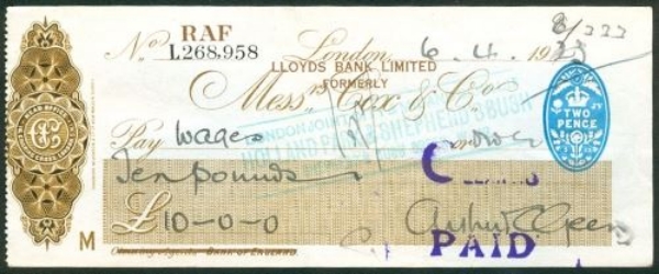 Picture of Lloyds Bank Ltd., overprinted on Cox & Co., London, 19(23), RAF account, type 3