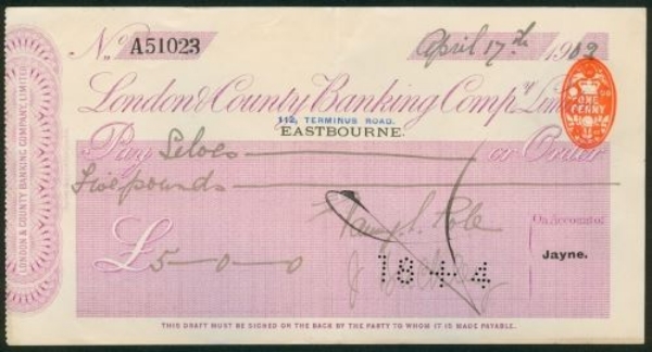 Picture of London & County Banking Co. Ltd., Eastbourne, ovptd  '112 Terminus Road' in blue, 19(02)