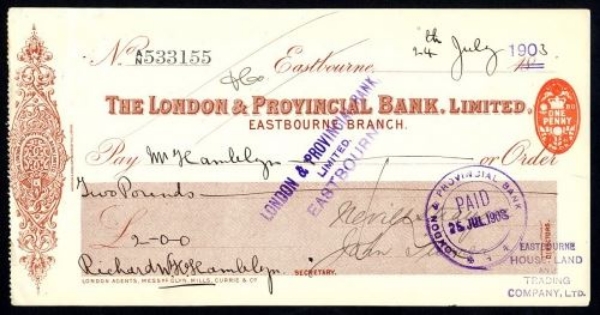 Picture of London & Provincial Bank, Ltd., Eastbourne, 18-- overstamped 190(3)