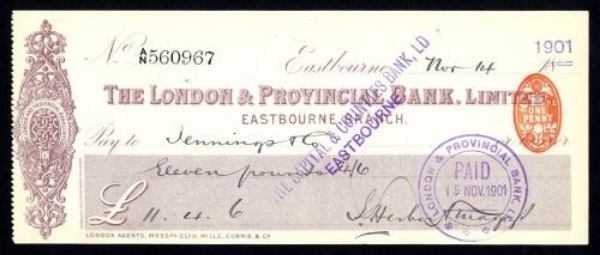 Picture of London & Provincial Bank, Ltd., Eastbourne, 18-- overstamped 1901