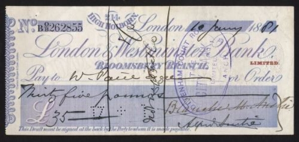 Picture of London & Westminster Bank, ovptd LIMITED in red, Bloomsbury Branch, 18(78)