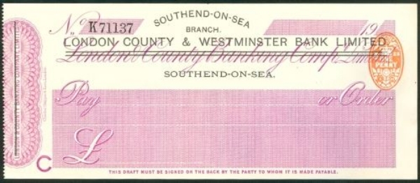 Picture of London County & Westminster Bank Ltd., ovpt on London & County, Southend-on-Sea, 19(09)