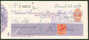 Picture of National Provincial and Union Bank of England Ltd., Southampton, 19(19), double stamp