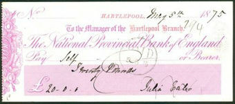 Picture of National Provincial Bank of England, Hartlepool Branch (in red), 18(74), type 6