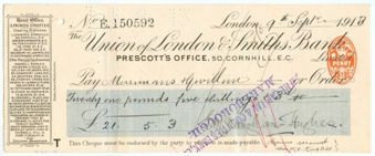 Picture of Union of London & Smiths Bank Ltd., Prescott's Office, 50 Cornhill, London, 191(3)
