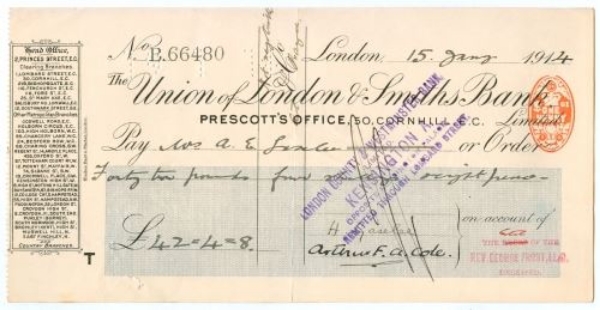 Picture of Union of London & Smiths Bank Ltd., Prescott's Office, 50 Cornhill, London, 191(4)