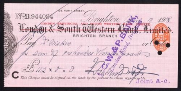 Picture of London Prov. and S. Western Bank Ltd., ovptd on London & S. Wst. Bank Ltd, Brighton, 19(18)