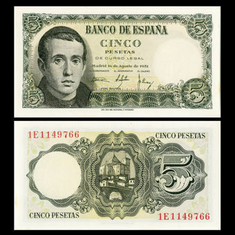 Picture of Spain, 'Balmes' 5 pesetas, 1951 (P140) UNC