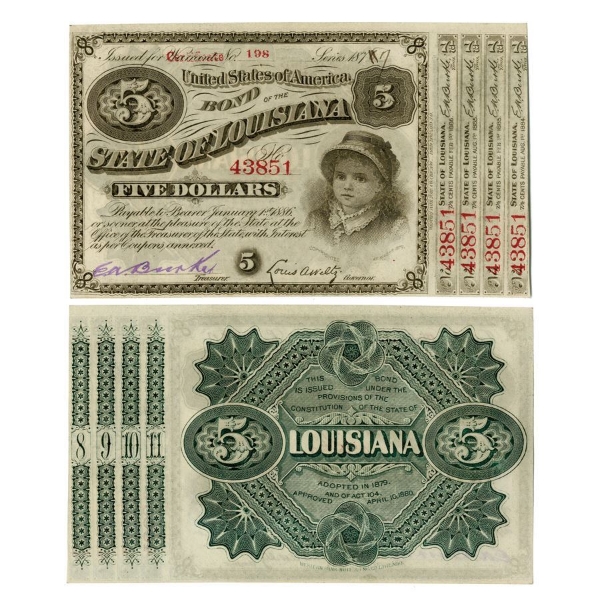 Picture of United States of America, USA Louisiana Baby Bond, 1870’s. GEF/UNC