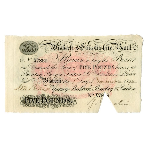 Picture of Wisbech & Lincolnshire Bank, £5, 1890’s, GEF/UNC
