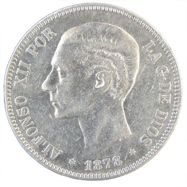 Picture of Spain, 5 pesetas, Alfonso XII, 1877-81. Fine or better