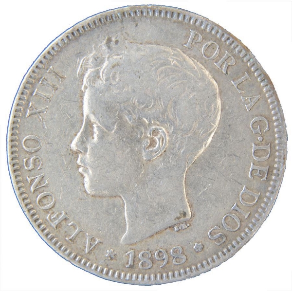 Picture of Spain, 5 pesetas, Alfonso XIII 1896-99. Fine or better