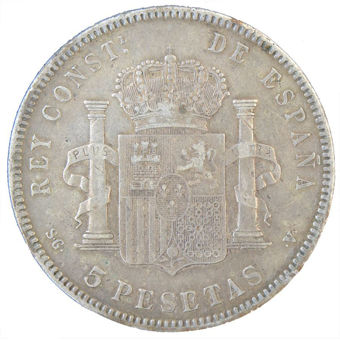 Picture of Spain, 5 pesetas, Alfonso XIII 1896-99. Fine or better