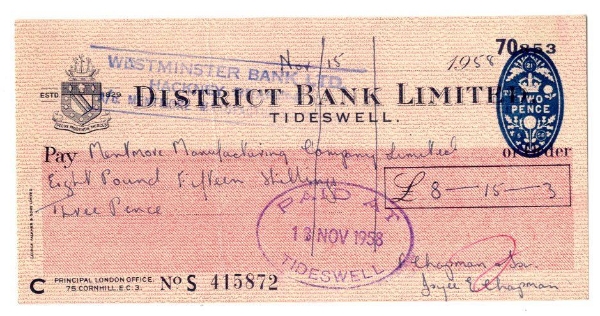 Picture of District Bank Limited, Tideswell, 19(58). Used