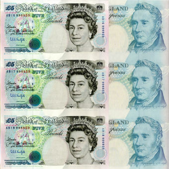 Picture of Uncut Sheet of Three Bank of England £5 Notes