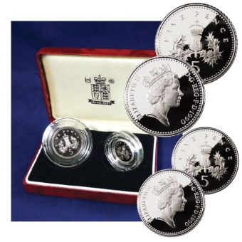Picture of Elizabeth II, Five Pence Set (Large & Small) 1990 Silver Proofs
