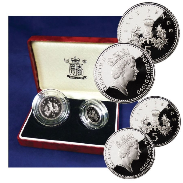 Picture of Elizabeth II, Five Pence Set (Large & Small) 1990 Silver Proofs