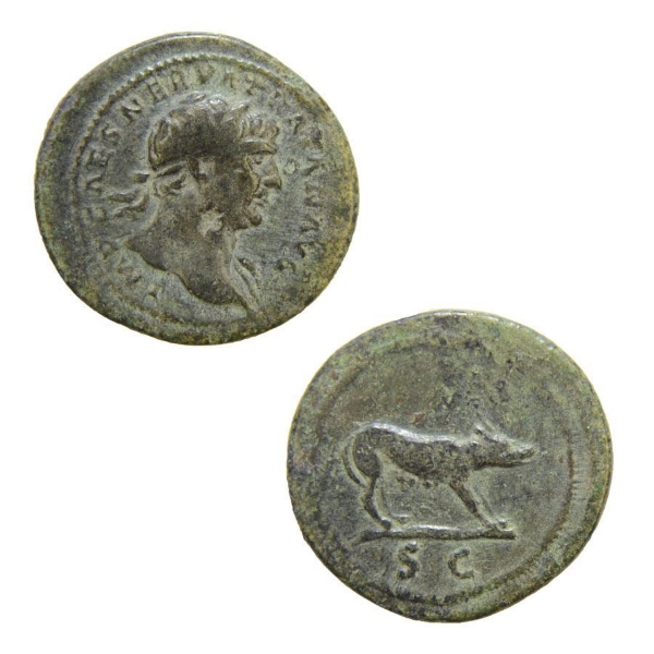Picture of Trajan, AE Quadrans, Rev S C, Wolf Standing Right