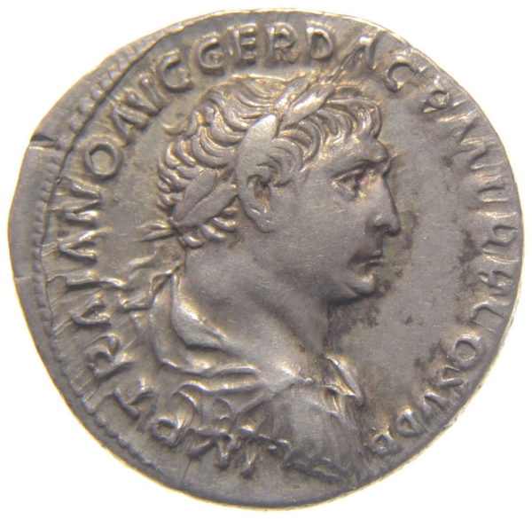 Picture of Trajan, AD 98-117, Silver Denarius. Near EF