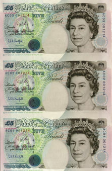 Picture of Bank of England Presentation Set C108 G E A Kentfield Sheetlet £5 X 3 Sheet AC01-3 Unc