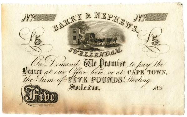 Picture of S Africa Barry & Nephews £5 Swellendam 185- Slight Staining GEF/Unc