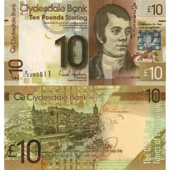 Picture of Clydesdale Bank £10 - 2014  - Robert Burns Paper Note P229J UNC