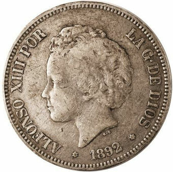 Picture of Spain, 5 Pesetas Alfonso XIII Curly Hair 1892-4