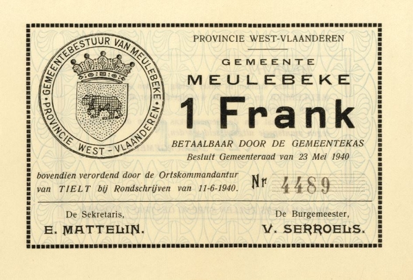 Picture of Belgium Meulebecke Ration Coupons 1-20 Francs 1940 (5 values) Unissued