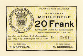 Picture of Belgium Meulebecke Ration Coupons 1-20 Francs 1940 (5 values) Unissued