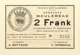 Picture of Belgium Meulebecke Ration Coupons 1-20 Francs 1940 (5 values) Unissued