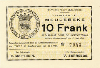 Picture of Belgium Meulebecke Ration Coupons 1-20 Francs 1940 (5 values) Unissued