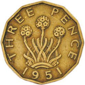 Picture of George VI, Threepence (Brass) 1951 Circulated