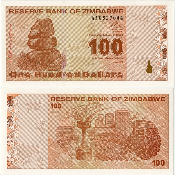 Picture of Zimbabwe 100 New Dollars 2009 P97 Unc