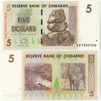 Picture of Zimbabwe 5 Dollars 2007 P66  Unc