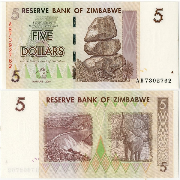 Picture of Zimbabwe 5 Dollars 2007 P66  Unc