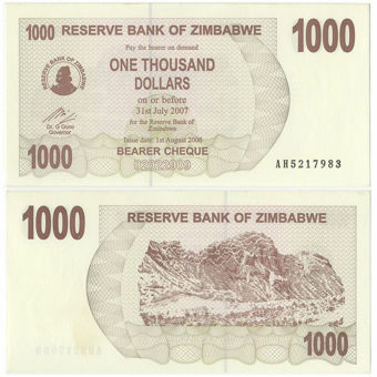 Picture of Zimbabwe 1000 Dollars 2006/7 P44 Unc