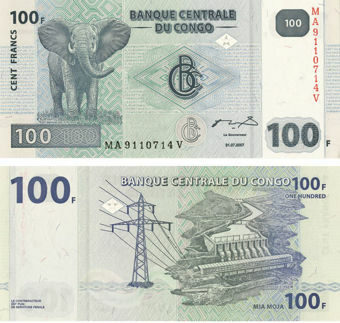 Picture of Congo Democratic Republic 100 Francs 2007 P98 Unc