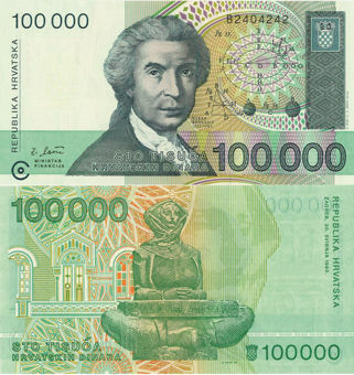 Picture of Croatia 100,000 Dinara 1993 P27 Unc