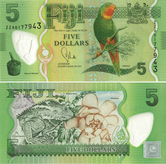 Picture of Fiji 5 Dollars 2012 P115a Plastic  (No Queen) Unc